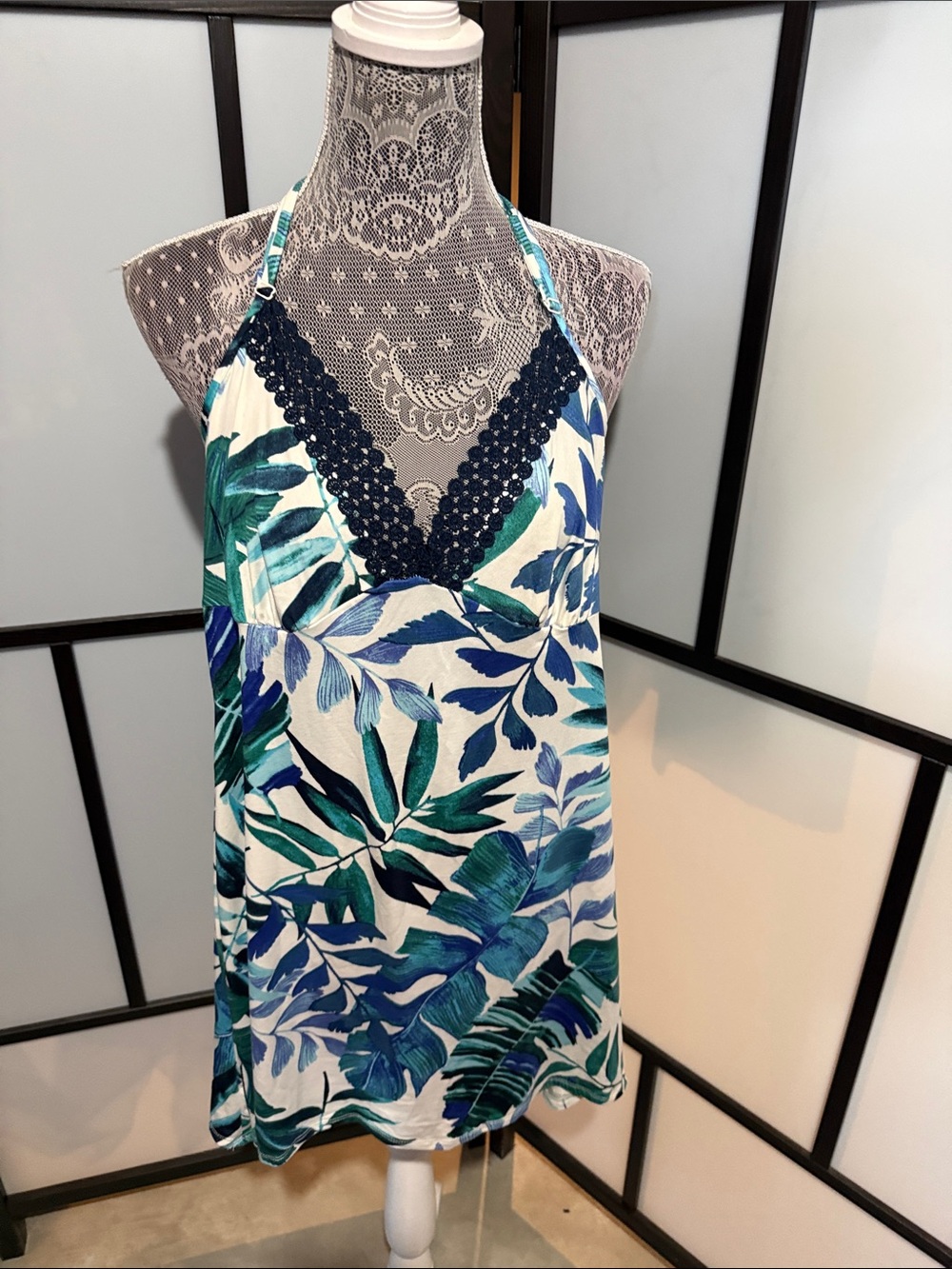 Secret Treasures Teal, Navy & White Tropical Halter Chemise